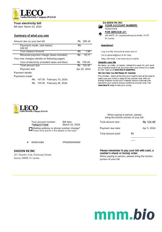 Sri Lanka Leco Company electricity rachunek za usługi komunalne szablon w formacie Word i PDF